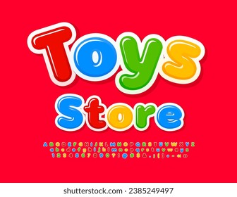 Vector playful signboard Toys Store. Bright colorful Font for Kids. Set of Glossy Alphabet Letters, Numbers and Symbols. 