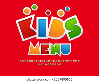 Vector playful template Kids Menu.  Colorful sticker Alphabet Letters and Numbers set. Bright Font for Children.