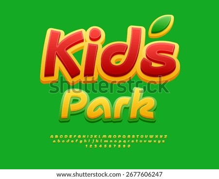 Vector playful template Kids Park. Bright Yellow and Green Font. Handwritten Alphabet Letters and Numbers set.