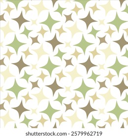 A vector playful and whimsical seamless pattern featuring a delightful array of green and beige stars on a crisp white background. vector illustration.