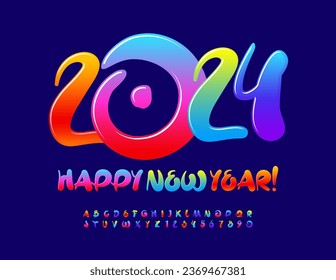 Vector playful wish Card Happy New Year 2024! Glossy handwritten Font. Creative Alphabet Letters and Numbers set