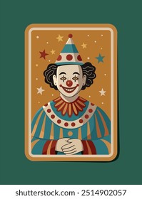 Vector playing card joker, clown. Graphic creepy smiling face of sinister man in clown hat. Vector illustration