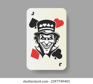 Vector playing card joker. Graphic black and white creepy wide smiling face of a sinister man in a crumpled hat. Disgusting portrait. Spades, hearts, diamonds and clubs.