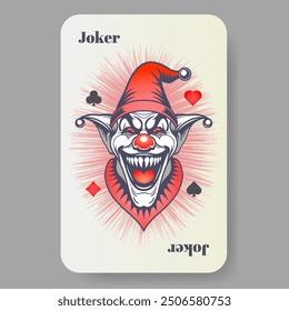 Vector playing card joker. Graphic creepy wide smiling face of sinister man in red clown hat. Disgusting portrait. Spades, hearts, diamonds and clubs.