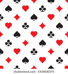 vector playing card suit seamless pattern. flat red hearts and tiles and black clovers and pikes symbols on white background. eps 10