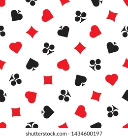 vector playing card suit seamless pattern. flat red hearts and tiles and black clovers and pikes symbols on white background. eps 10