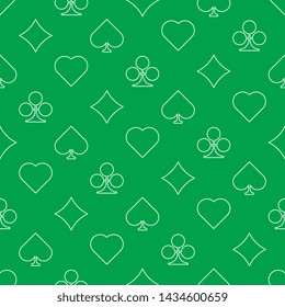 vector playing card suit seamless pattern. white flat line hearts, tiles, clovers and pikes symbols on green background. eps 10