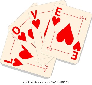 Vector playing cards with hearts and the word "Love".