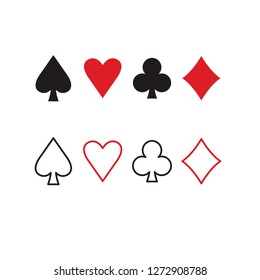 Vector playing cards icons. Playing card suits spades, hearts, diamonds and clubs.