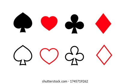 Vector playing cards icons. playing card suits spades, hearts, diamonds and clubs.