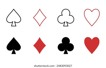 Vector playing cards line and solid signs. Editable stroke set. Suit playing card symbols. Black and red elements on a white background