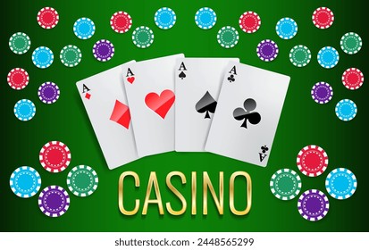 Vector Playing Cards and Poker Chips fly Casino. Green background. Poker casino illustration. Red , green, blu realistic chip. Gambling concept, poker mobile app icon and banner background.