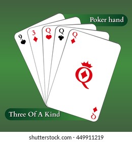 Vector playing cards. Poker hand. Three of a kind