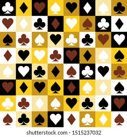 Vector playing cards suits seamless patterns. yellow backgrounds card suits