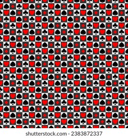 Vector playing cards suits seamless patterns. Backgrounds card suits. Casino gambling, poker and checkers background. Alice in wonderland ornament.