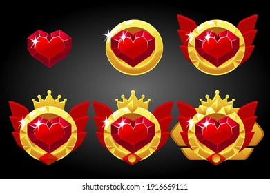 Vector playing cards symbol red heart icon. Ranked game cartoon award. Symbol of achievement and badge victory in poker.