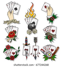 Vector Playing Cards Traditional Tattoo Composition 