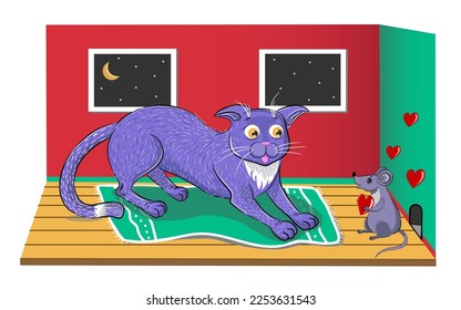 Vector plot illustration. The cat is very surprised that the mouse confesses his love to him. Romantic cute atmospheric moment. Valentine's Day.Could be an illustration for a children's book.