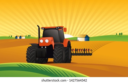 Vector plowing fields with tractor.