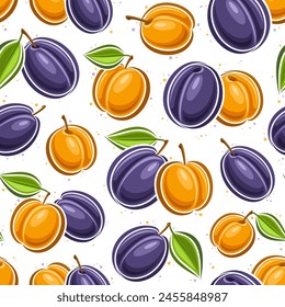 Vector Plum and Apricot seamless pattern, decorative background with flying raw cartoon fruits for wrapping paper, square placard with flat lay plums and apricots with green leaves on white background