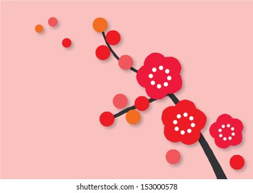 Vector of plum blossom plant. Branches and flowers are separated. Same colors are grouped and image can be easily changed, scaled or rearranged.