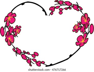 vector Plum flower with heart shape border