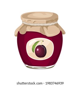 Vector plum jam. Homemade fruit jelly in glass jar isolated on white background. Cartoon flat illustration.