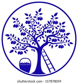 vector plum tree, ladder and basket of plums isolated on white round