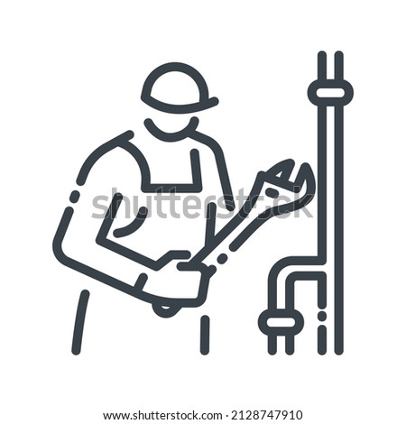 Vector plumber that holds adjustable wrench line icon isolated on transparent background.
