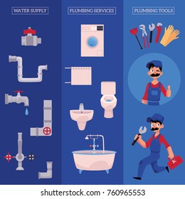 vector plumbing concept infographic posters set. man blumber in uniform and mustache holding case with tools thumbs up, winking, water valve, plunger, pipe, monkey wrench, domestic blumbing.