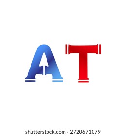 Plomería de Vector y diseño de logotipo de construcción. Letras y tipografía del alfabeto del estilo de la pipa de Industrial con colores degradados rojo y azul. Símbolo de servicio de agua y gasoductos.