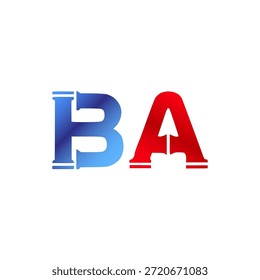 Plomería de Vector y diseño de logotipo de construcción. Letras y tipografía del alfabeto del estilo de la pipa de Industrial con colores degradados rojo y azul. Símbolo de servicio de agua y gasoductos.