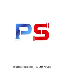 Plomería de Vector y diseño de logotipo de construcción. Letras y tipografía del alfabeto del estilo de la pipa de Industrial con colores degradados rojo y azul. Símbolo de servicio de agua y gasoductos.