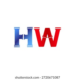 Plomería de Vector y diseño de logotipo de construcción. Letras y tipografía del alfabeto del estilo de la pipa de Industrial con colores degradados rojo y azul. Símbolo de servicio de agua y gasoductos.