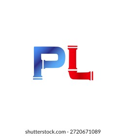 Plomería de Vector y diseño de logotipo de construcción. Letras y tipografía del alfabeto del estilo de la pipa de Industrial con colores degradados rojo y azul. Símbolo de servicio de agua y gasoductos.