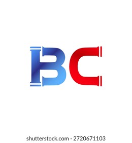 Plomería de Vector y diseño de logotipo de construcción. Letras y tipografía del alfabeto del estilo de la pipa de Industrial con colores degradados rojo y azul. Símbolo de servicio de agua y gasoductos.