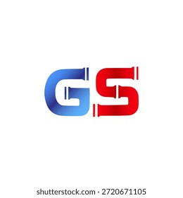 Plomería de Vector y diseño de logotipo de construcción. Letras y tipografía del alfabeto del estilo de la pipa de Industrial con colores degradados rojo y azul. Símbolo de servicio de agua y gasoductos.