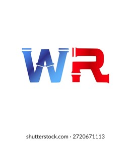 Plomería de Vector y diseño de logotipo de construcción. Letras y tipografía del alfabeto del estilo de la pipa de Industrial con colores degradados rojo y azul. Símbolo de servicio de agua y gasoductos.