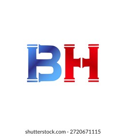 Plomería de Vector y diseño de logotipo de construcción. Letras y tipografía del alfabeto del estilo de la pipa de Industrial con colores degradados rojo y azul. Símbolo de servicio de agua y gasoductos.