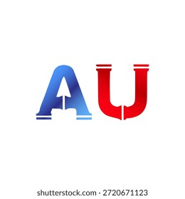 Plomería de Vector y diseño de logotipo de construcción. Letras y tipografía del alfabeto del estilo de la pipa de Industrial con colores degradados rojo y azul. Símbolo de servicio de agua y gasoductos.