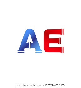Plomería de Vector y diseño de logotipo de construcción. Letras y tipografía del alfabeto del estilo de la pipa de Industrial con colores degradados rojo y azul. Símbolo de servicio de agua y gasoductos.