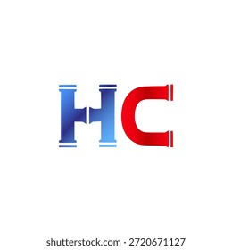Plomería de Vector y diseño de logotipo de construcción. Letras y tipografía del alfabeto del estilo de la pipa de Industrial con colores degradados rojo y azul. Símbolo de servicio de agua y gasoductos.