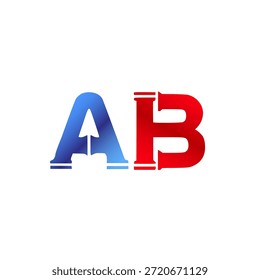Plomería de Vector y diseño de logotipo de construcción. Letras y tipografía del alfabeto del estilo de la pipa de Industrial con colores degradados rojo y azul. Símbolo de servicio de agua y gasoductos.