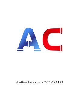 Plomería de Vector y diseño de logotipo de construcción. Letras y tipografía del alfabeto del estilo de la pipa de Industrial con colores degradados rojo y azul. Símbolo de servicio de agua y gasoductos.