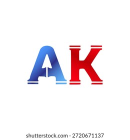 Plomería de Vector y diseño de logotipo de construcción. Letras y tipografía del alfabeto del estilo de la pipa de Industrial con colores degradados rojo y azul. Símbolo de servicio de agua y gasoductos.