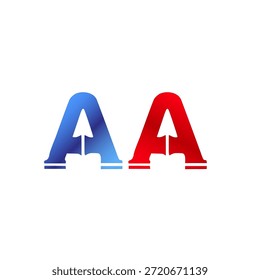 Plomería de Vector y diseño de logotipo de construcción. Letras y tipografía del alfabeto del estilo de la pipa de Industrial con colores degradados rojo y azul. Símbolo de servicio de agua y gasoductos.