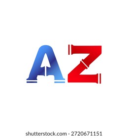 Plomería de Vector y diseño de logotipo de construcción. Letras y tipografía del alfabeto del estilo de la pipa de Industrial con colores degradados rojo y azul. Símbolo de servicio de agua y gasoductos.