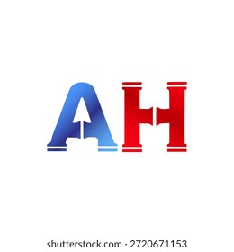 Plomería de Vector y diseño de logotipo de construcción. Letras y tipografía del alfabeto del estilo de la pipa de Industrial con colores degradados rojo y azul. Símbolo de servicio de agua y gasoductos.