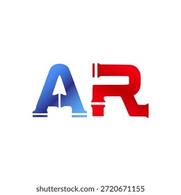 Plomería de Vector y diseño de logotipo de construcción. Letras y tipografía del alfabeto del estilo de la pipa de Industrial con colores degradados rojo y azul. Símbolo de servicio de agua y gasoductos.