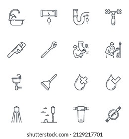 Vector Plumbing Line Icons Isolated On Transparent Background. Water Symbols